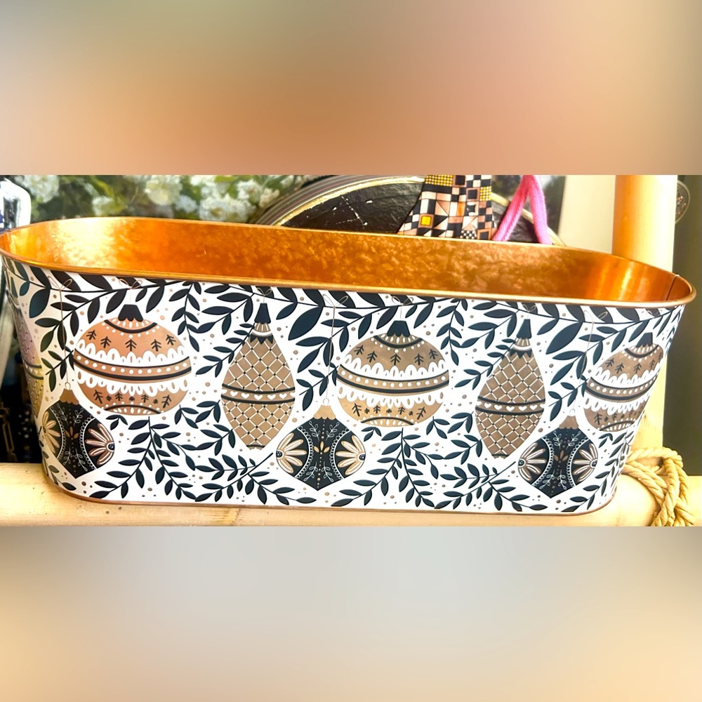 Vintage Holiday Tin Mid-Century Black White Gold Scandinavian Folk style pattern